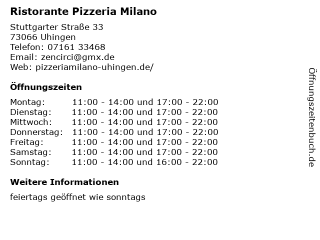 Ristorante Pizzeria Milano in Uhingen: Adresse und Öffnungszeiten