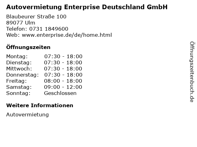 Autovermietung Enterprise Deutschland GmbH in Ulm: Adresse und Öffnungszeiten