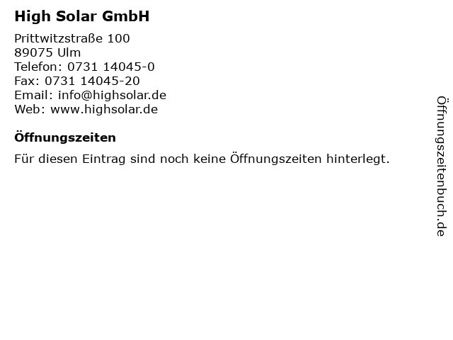 High Solar GmbH in Ulm: Adresse und Öffnungszeiten