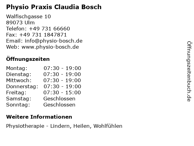 Physio Praxis Claudia Bosch in Ulm: Adresse und Öffnungszeiten