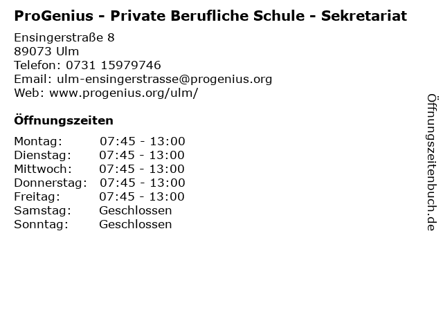ProGenius - Private Berufliche Schule - Sekretariat in Ulm: Adresse und Öffnungszeiten