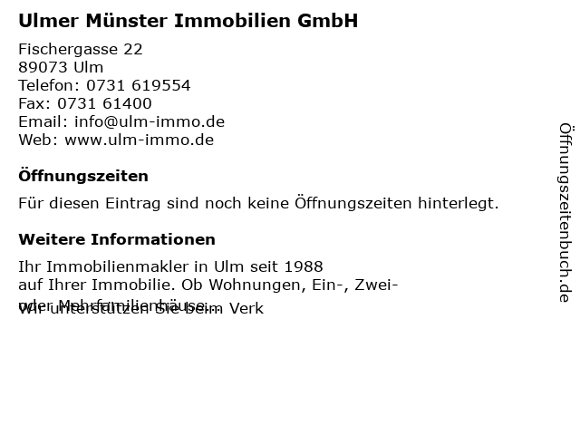 ᐅ Offnungszeiten Ulmer Munster Immobilien Gmbh Immobilienagentur Fischergasse 22 In Ulm