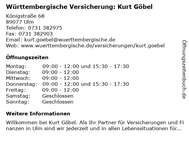Württembergische Versicherung: Kurt Göbel in Ulm: Adresse und Öffnungszeiten