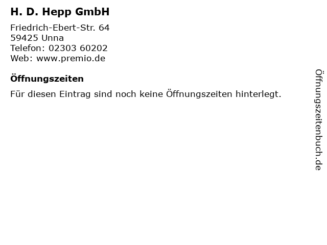 H. D. Hepp GmbH in Unna: Adresse und Öffnungszeiten