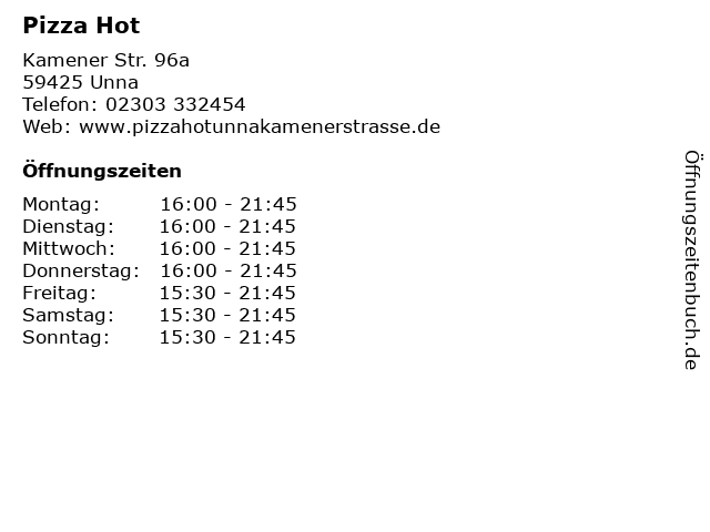 Pizza Hot in Unna: Adresse und Öffnungszeiten