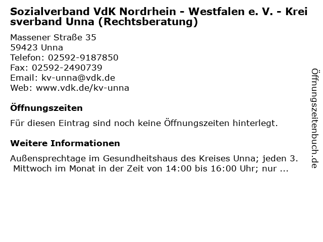 Sozialverband VdK Nordrhein - Westfalen e. V. - Kreisverband Unna (Rechtsberatung) in Unna: Adresse und Öffnungszeiten
