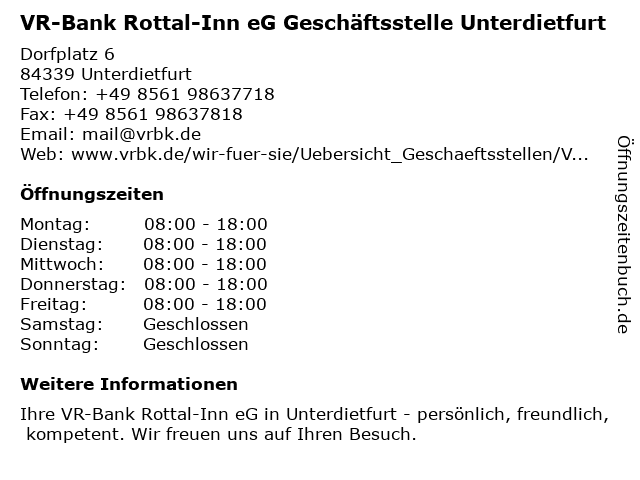 á… Offnungszeiten Vr Bank Rottal Inn Eg Geschaftsstelle Unterdietfurt Dorfplatz 6 In Unterdietfurt