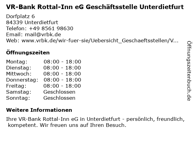 á… Offnungszeiten Vr Bank Rottal Inn Eg Geschaftsstelle Unterdietfurt Dorfplatz 6 In Unterdietfurt