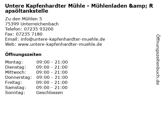 Untere Kapfenhardter Mühle - Mühlenladen & Rapsöltankstelle in Unterreichenbach: Adresse und Öffnungszeiten
