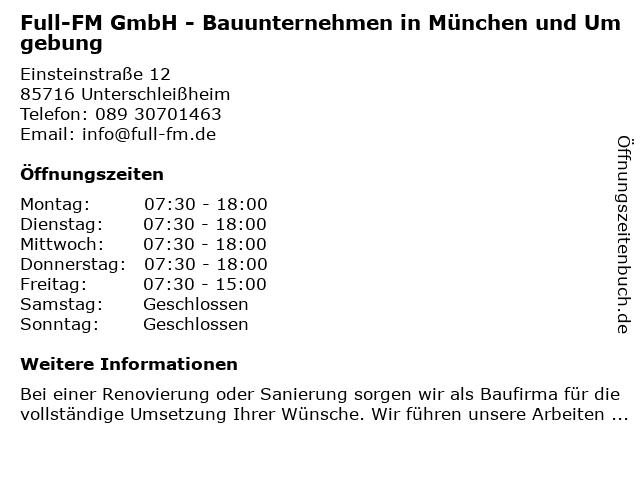 Full-FM GmbH - Bauunternehmen in München und Umgebung in Unterschleißheim: Adresse und Öffnungszeiten