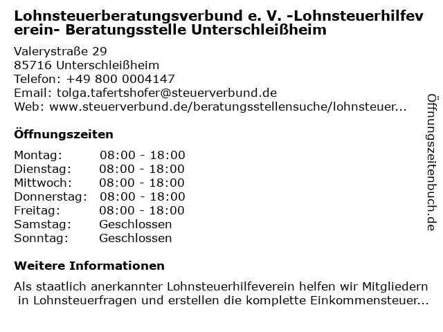 Lohnsteuerberatungsverbund e. V. -Lohnsteuerhilfeverein- Beratungsstelle Unterschleißheim in Unterschleißheim: Adresse und Öffnungszeiten