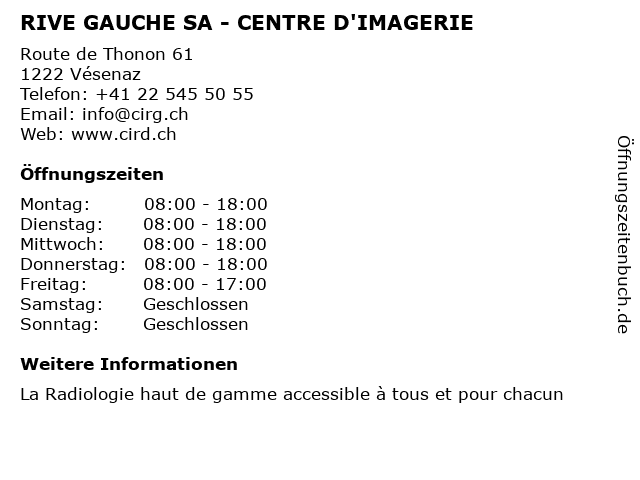 RIVE GAUCHE SA - CENTRE D'IMAGERIE in Vésenaz: Adresse und Öffnungszeiten