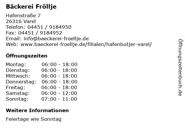 Bäckerei Fröllje in Varel: Adresse und Öffnungszeiten