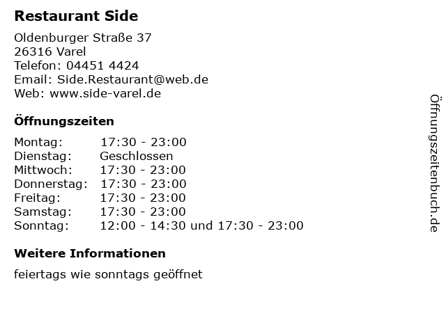 Restaurant Side in Varel: Adresse und Öffnungszeiten