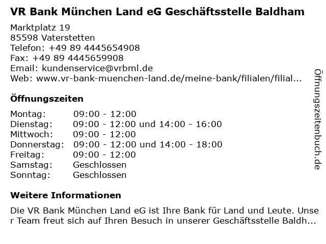 á… Offnungszeiten Vr Bank Munchen Land Eg Geschaftsstelle Baldham Marktplatz 19 In Vaterstetten