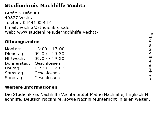Studienkreis Nachhilfe Vechta in Vechta: Adresse und Öffnungszeiten
