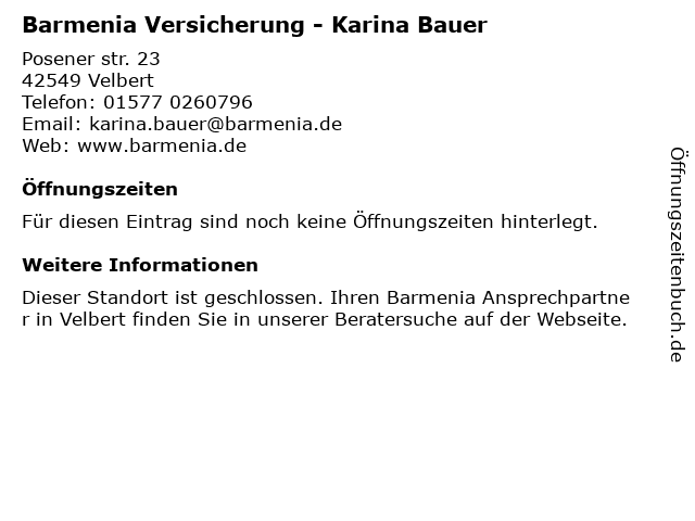 Barmenia Versicherung - Karina Bauer in Velbert: Adresse und Öffnungszeiten