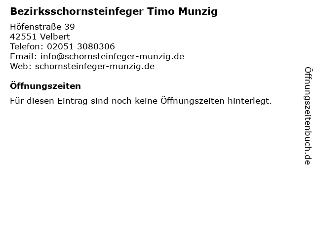 Bezirksschornsteinfeger Timo Munzig in Velbert: Adresse und Öffnungszeiten