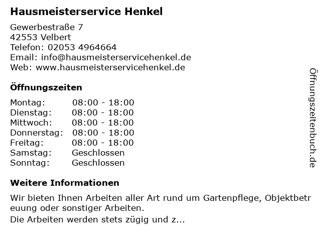 Hausmeister Service Henkel in Velbert: Adresse und Öffnungszeiten