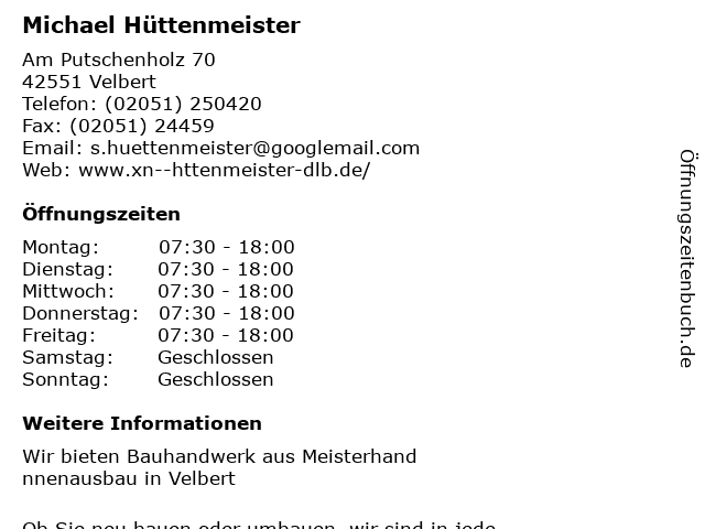 Michael Hüttenmeister in Velbert: Adresse und Öffnungszeiten
