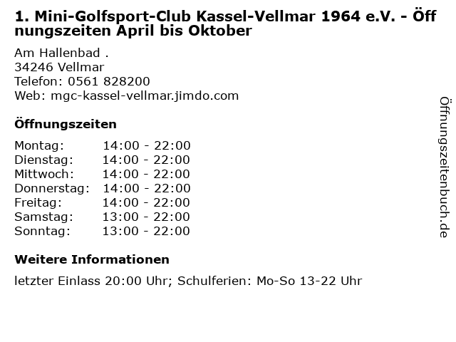 1. Mini-Golfsport-Club Kassel-Vellmar 1964 e.V. - Öffnungszeiten April bis Oktober in Vellmar: Adresse und Öffnungszeiten