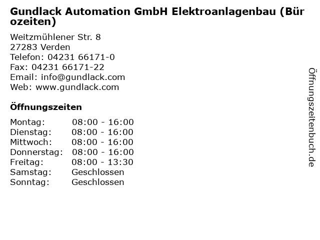 Gundlack Automation GmbH Elektroanlagenbau (Bürozeiten) in Verden: Adresse und Öffnungszeiten