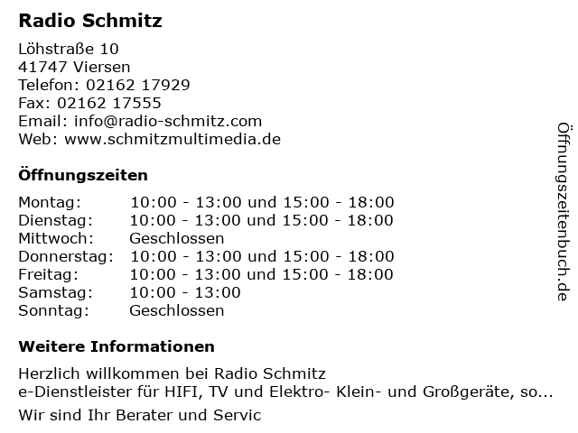 Radio Schmitz in Viersen: Adresse und Öffnungszeiten