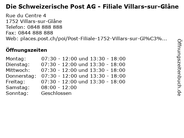 Die Schweizerische Post AG - Filiale Villars-sur-Glâne in Villars-sur-Glâne: Adresse und Öffnungszeiten