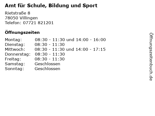 Amt für Schule, Bildung und Sport in Villingen: Adresse und Öffnungszeiten