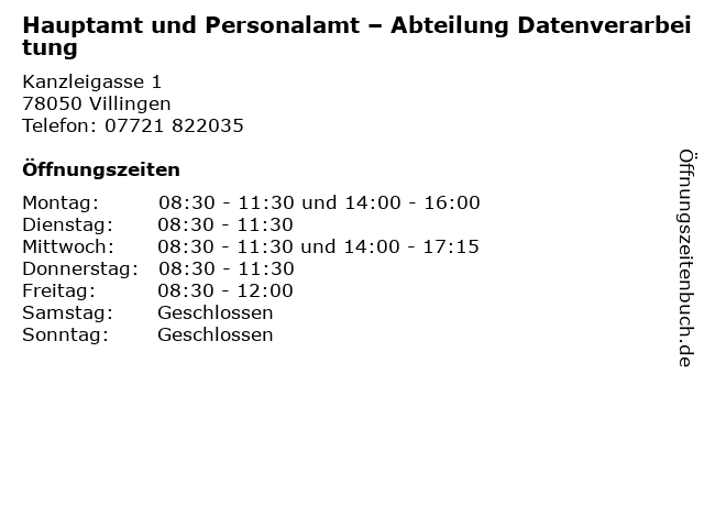 Hauptamt und Personalamt – Abteilung Datenverarbeitung in Villingen: Adresse und Öffnungszeiten