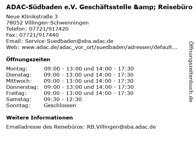 ADAC-Südbaden e.V. Geschäftsstelle & Reisebüro in Villingen-Schwenningen: Adresse und Öffnungszeiten
