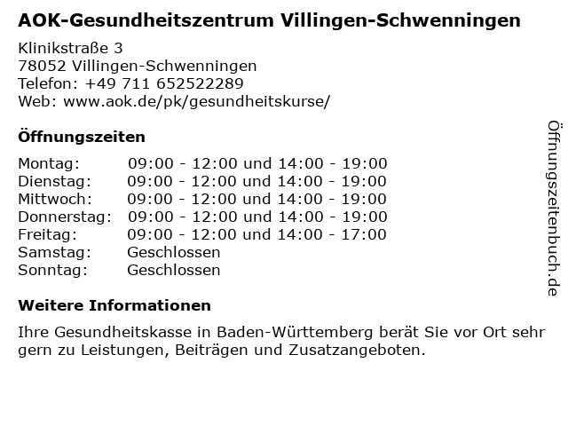 AOK-Gesundheitszentrum Villingen-Schwenningen in Villingen-Schwenningen: Adresse und Öffnungszeiten