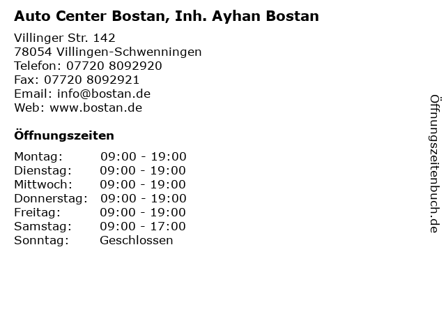 Auto Center Bostan, Inh. Ayhan Bostan in Villingen-Schwenningen: Adresse und Öffnungszeiten