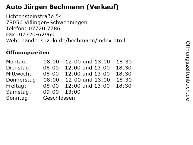 Auto Jürgen Bechmann (Verkauf) in Villingen-Schwenningen: Adresse und Öffnungszeiten