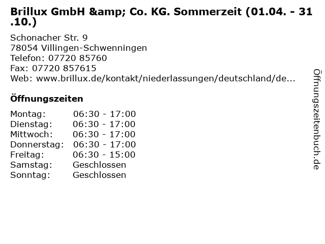 Brillux GmbH & Co. KG. Sommerzeit (01.04. - 31.10.) in Villingen-Schwenningen: Adresse und Öffnungszeiten