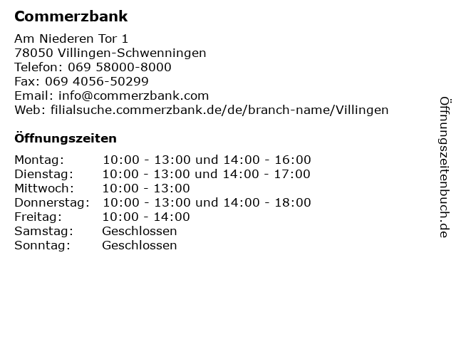 ᐅ Offnungszeiten Commerzbank Villingen Am Niederen Tor 1 In Villingen Schwenningen