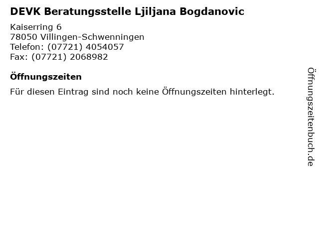 DEVK Beratungsstelle Ljiljana Bogdanovic in Villingen-Schwenningen: Adresse und Öffnungszeiten