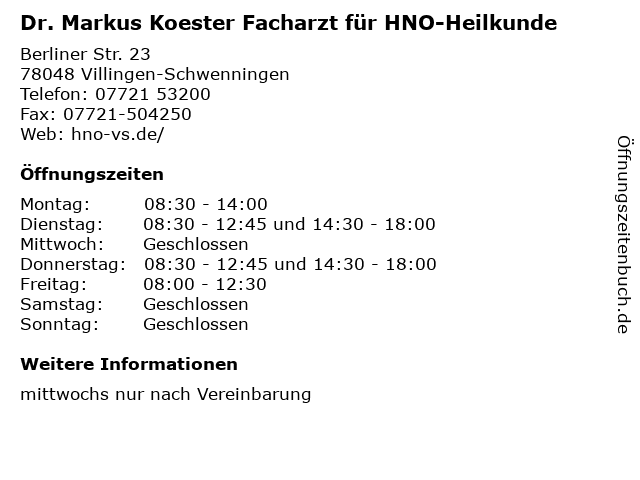 Dr. Markus Koester Facharzt für HNO-Heilkunde in Villingen-Schwenningen: Adresse und Öffnungszeiten