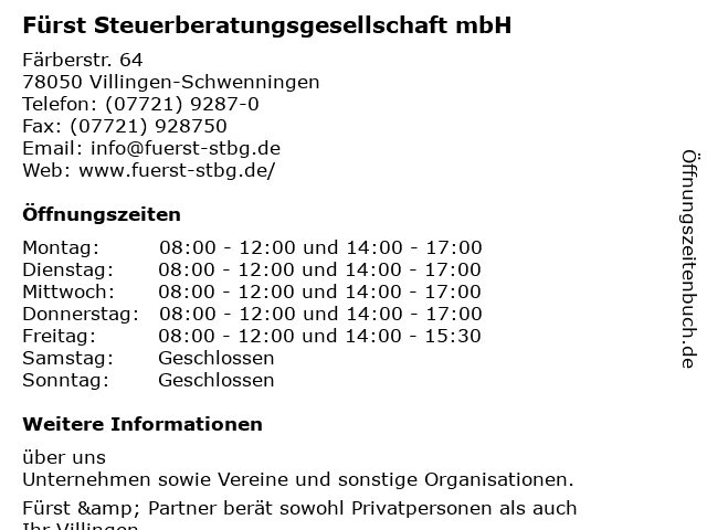 Fürst Steuerberatungsgesellschaft mbH in Villingen-Schwenningen: Adresse und Öffnungszeiten