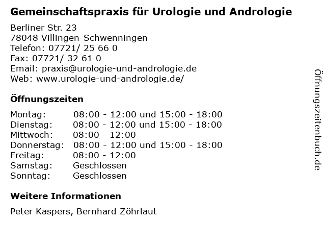 Gemeinschaftspraxis für Urologie und Andrologie in Villingen-Schwenningen: Adresse und Öffnungszeiten