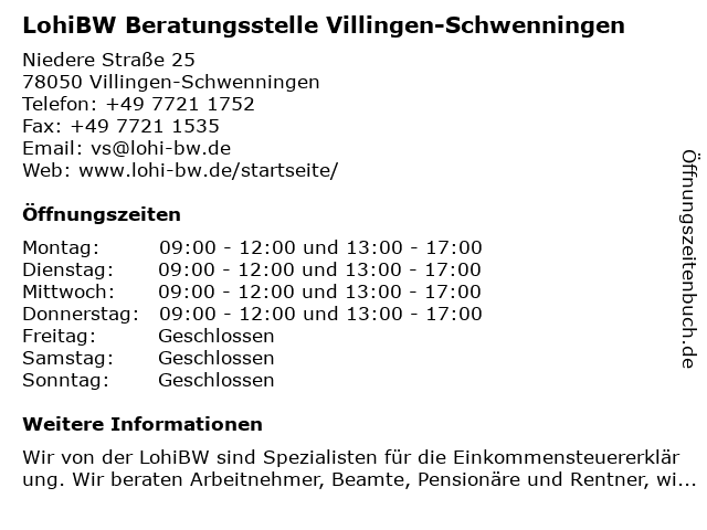 LohiBW Beratungsstelle Villingen-Schwenningen in Villingen-Schwenningen: Adresse und Öffnungszeiten