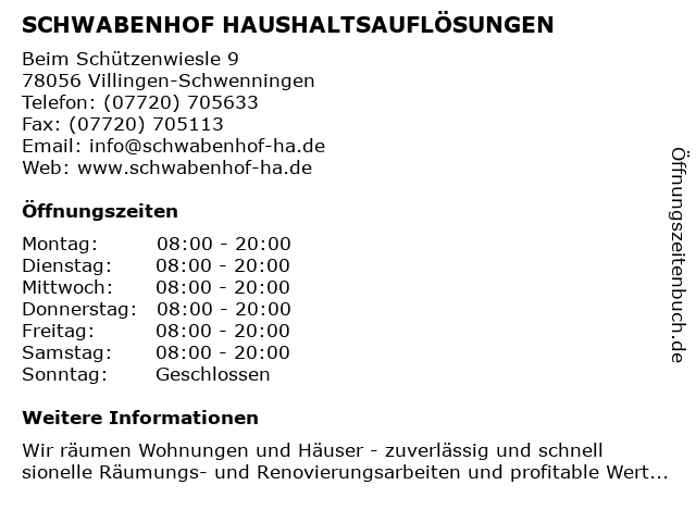 SCHWABENHOF HAUSHALTSAUFLÖSUNGEN in Villingen-Schwenningen: Adresse und Öffnungszeiten