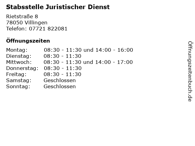 Stabsstelle Juristischer Dienst in Villingen: Adresse und Öffnungszeiten