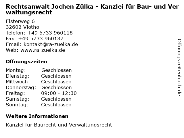 Rechtsanwalt Jochen Zülka - Kanzlei für Bau- und Verwaltungsrecht in Vlotho: Adresse und Öffnungszeiten