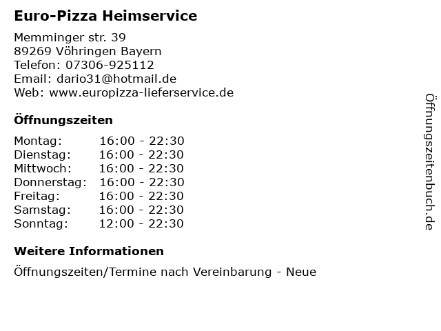 Euro-Pizza Heimservice in Vöhringen Bayern: Adresse und Öffnungszeiten