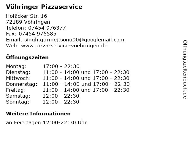 Vöhringer Pizzaservice in Vöhringen: Adresse und Öffnungszeiten