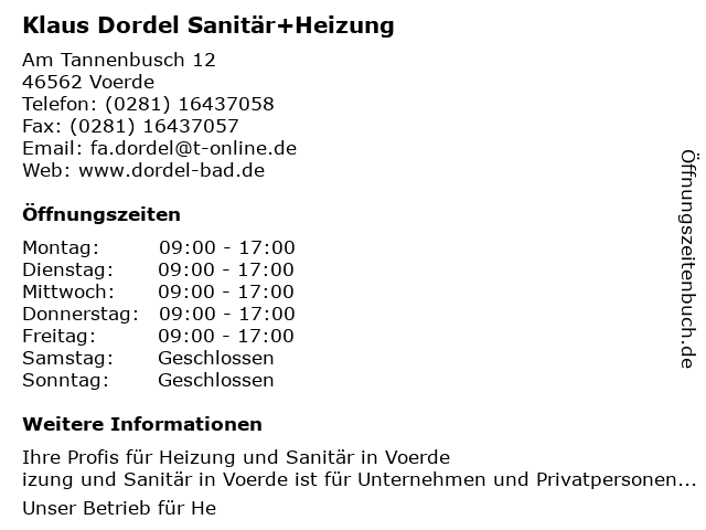 Klaus Dordel Sanitär+Heizung in Voerde: Adresse und Öffnungszeiten