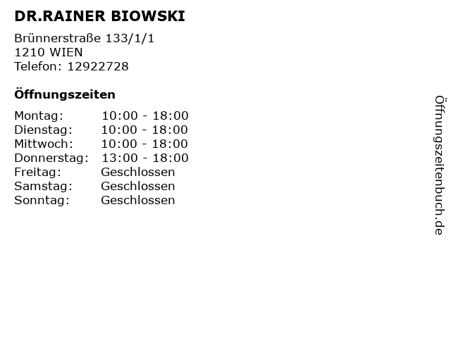 DR.RAINER BIOWSKI in WIEN: Adresse und Öffnungszeiten
