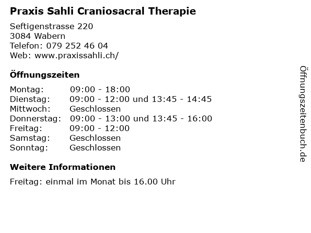 Praxis Sahli Craniosacral Therapie in Wabern: Adresse und Öffnungszeiten