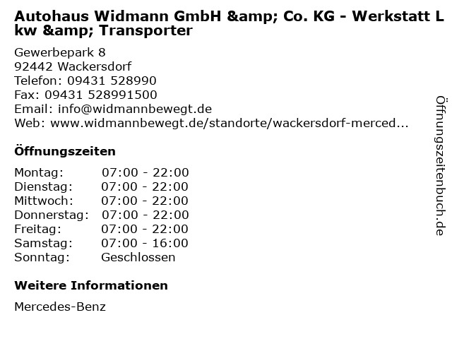 Autohaus Widmann GmbH & Co. KG - Werkstatt Lkw & Transporter in Wackersdorf: Adresse und Öffnungszeiten